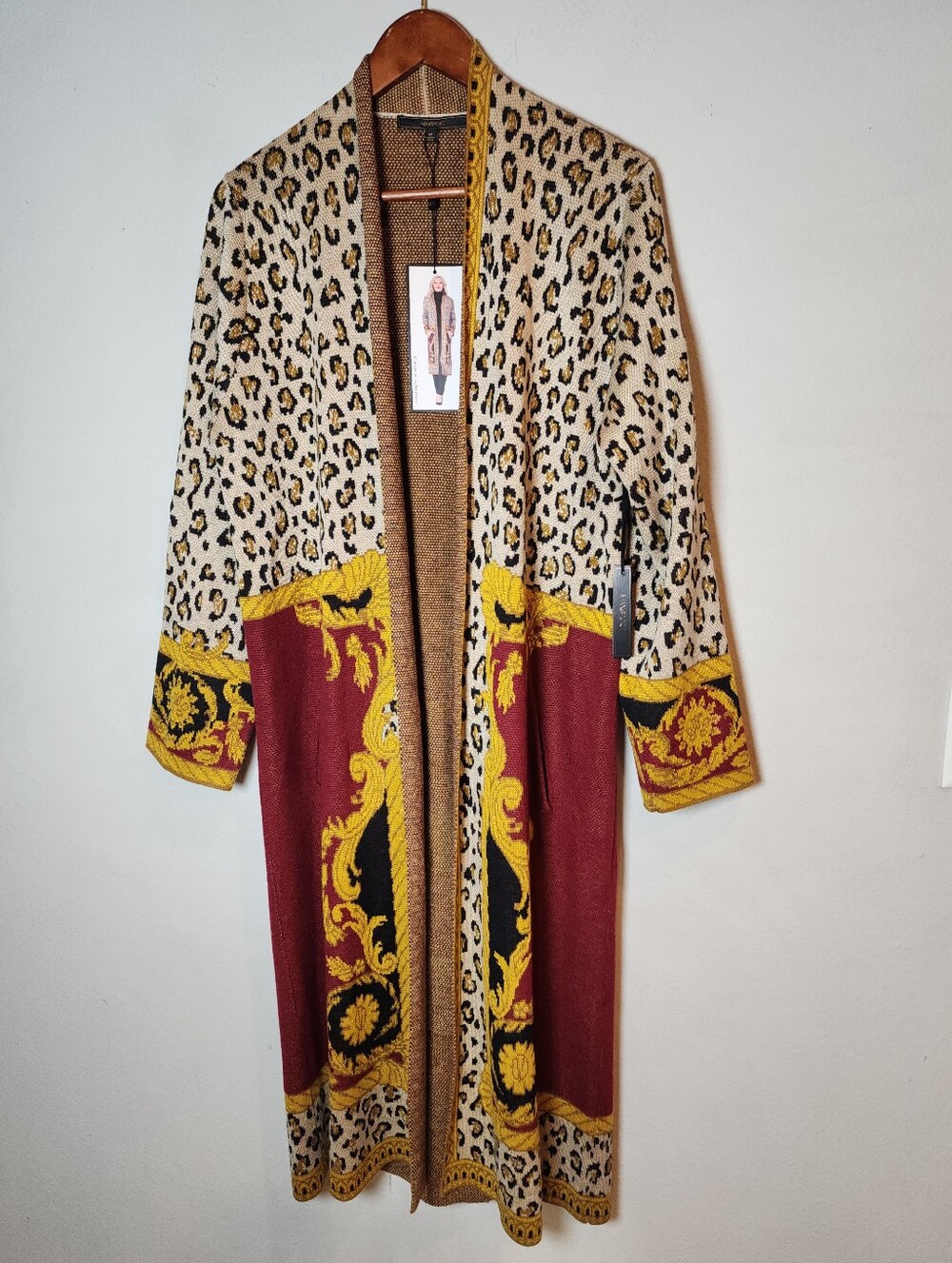 NWT Max Sport Wool Blend Leopard Scroll Print Long Knit Cardigan Pockets Size M